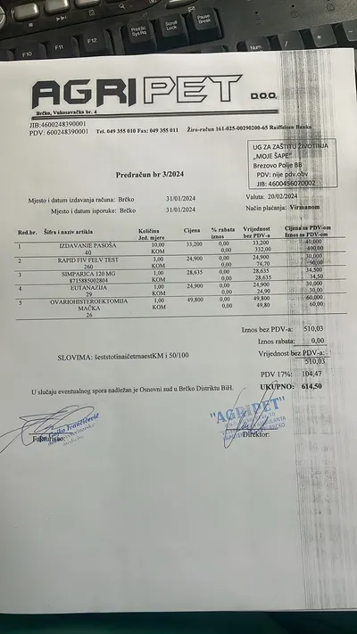 Veterinary receipt from AgriPet clinic for Moje Šape